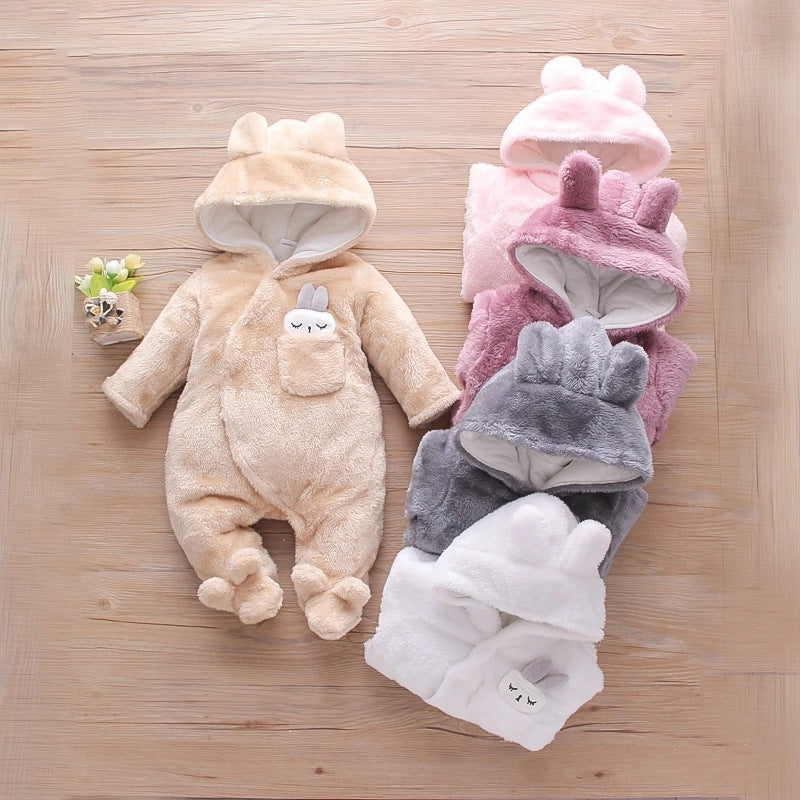 Cozy and Cute Baby Plush Cartoon Jumpsuit for Girls with Fleece-Lined Hood