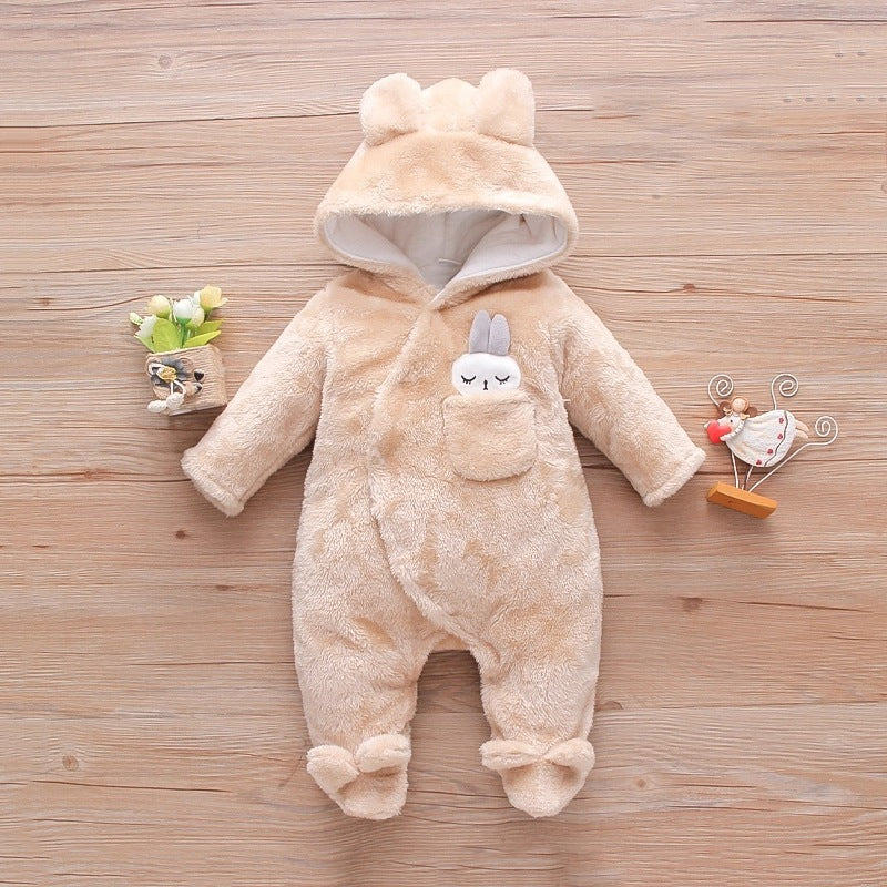 Cozy and Cute Baby Plush Cartoon Jumpsuit for Girls with Fleece-Lined Hood