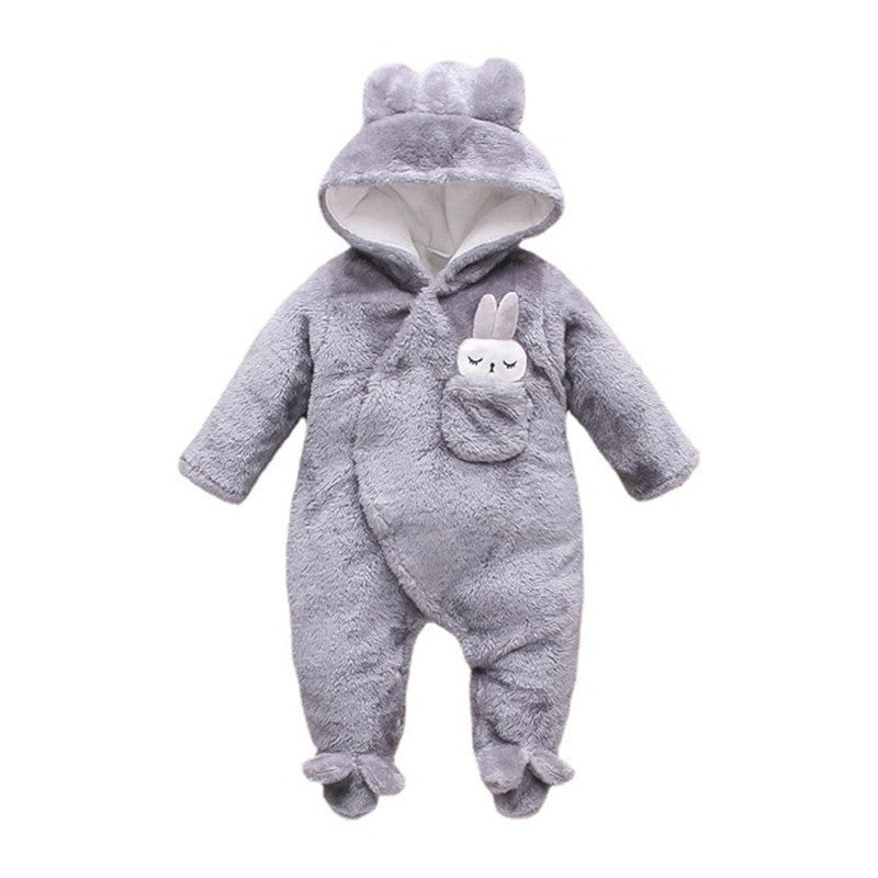 Cozy and Cute Baby Plush Cartoon Jumpsuit for Girls with Fleece-Lined Hood