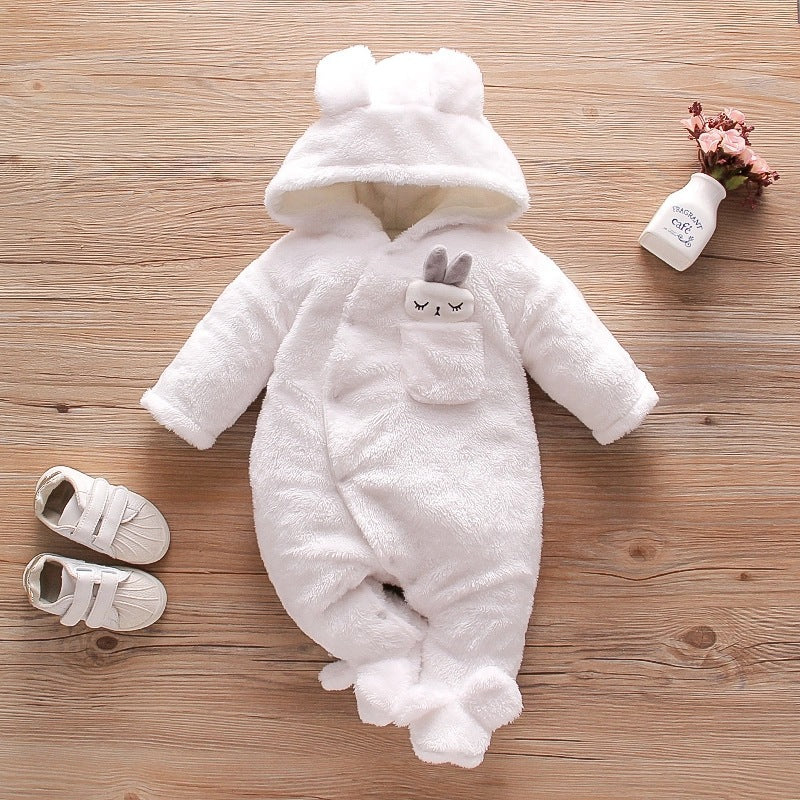 Cozy and Cute Baby Plush Cartoon Jumpsuit for Girls with Fleece-Lined Hood