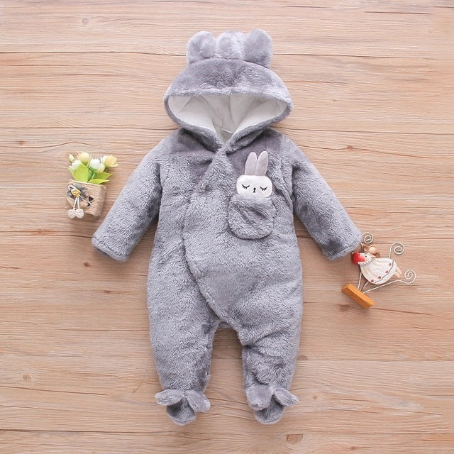 Cozy and Cute Baby Plush Cartoon Jumpsuit for Girls with Fleece-Lined Hood