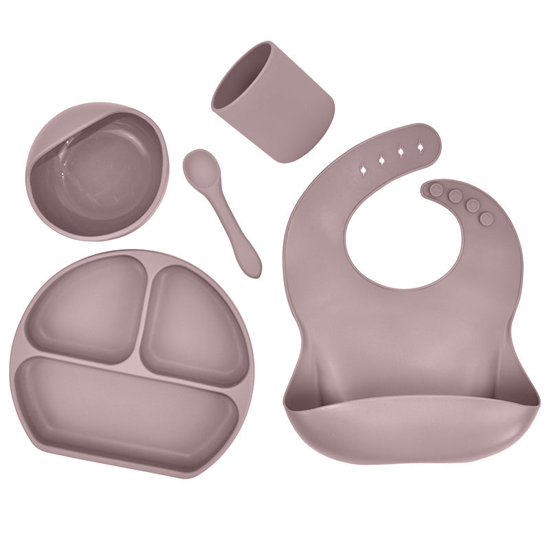 Kids' Silicone Suction Bowl Bib Set - Dinner Plate, Water Cup, Food Bowl, Spoon, Saliva Pocket - Tableware for Babies