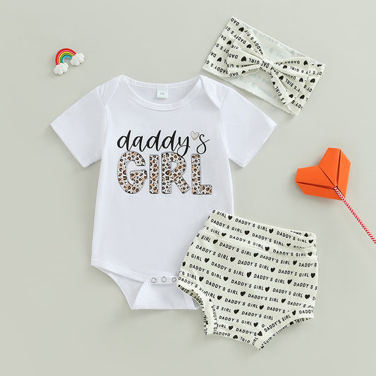 Summer Baby Girl Short Sleeve Adjustable Clothes Pants Hair Accessories Three-piece Set