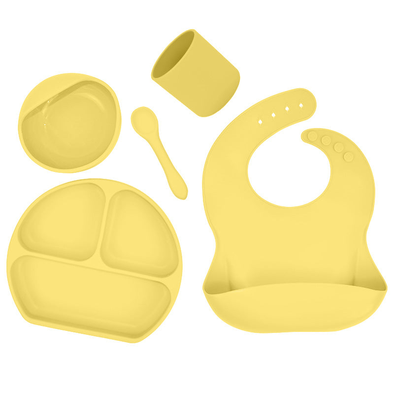 Kids' Silicone Suction Bowl Bib Set - Dinner Plate, Water Cup, Food Bowl, Spoon, Saliva Pocket - Tableware for Babies