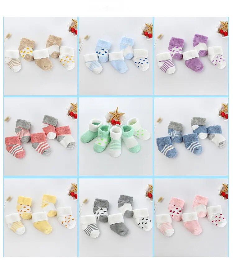 Newborn Baby Winter Terry Socks - 5 Pairs for Boys and Girls, Ages 0 to 24M