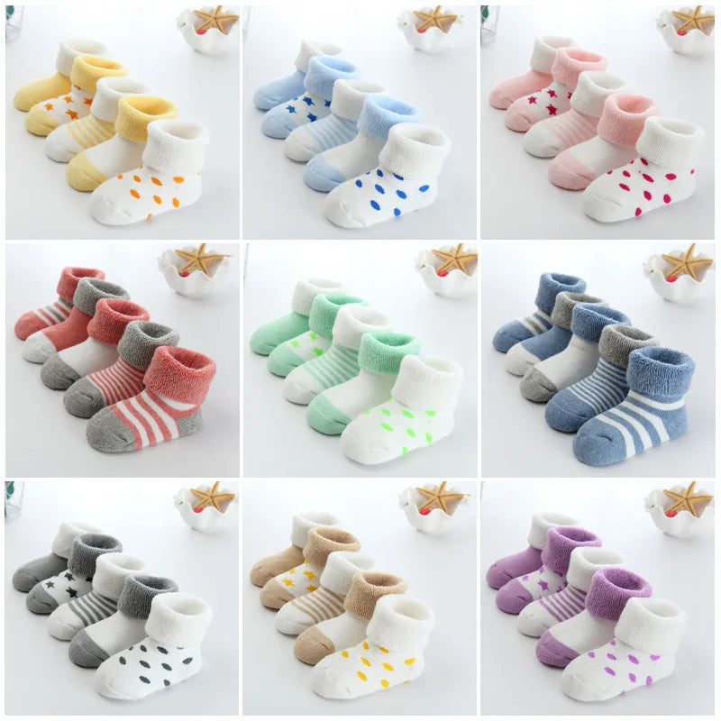 Newborn Baby Winter Terry Socks - 5 Pairs for Boys and Girls, Ages 0 to 24M