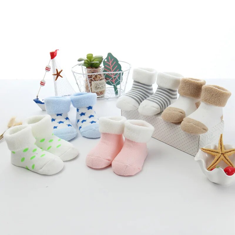 Newborn Baby Winter Terry Socks - 5 Pairs for Boys and Girls, Ages 0 to 24M