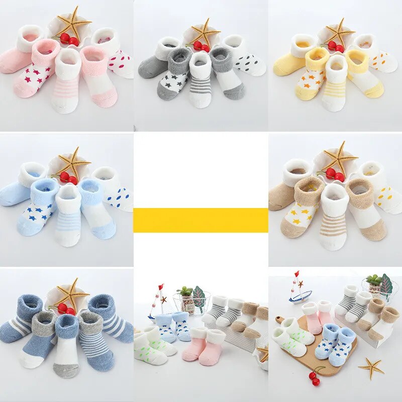 Newborn Baby Winter Terry Socks - 5 Pairs for Boys and Girls, Ages 0 to 24M