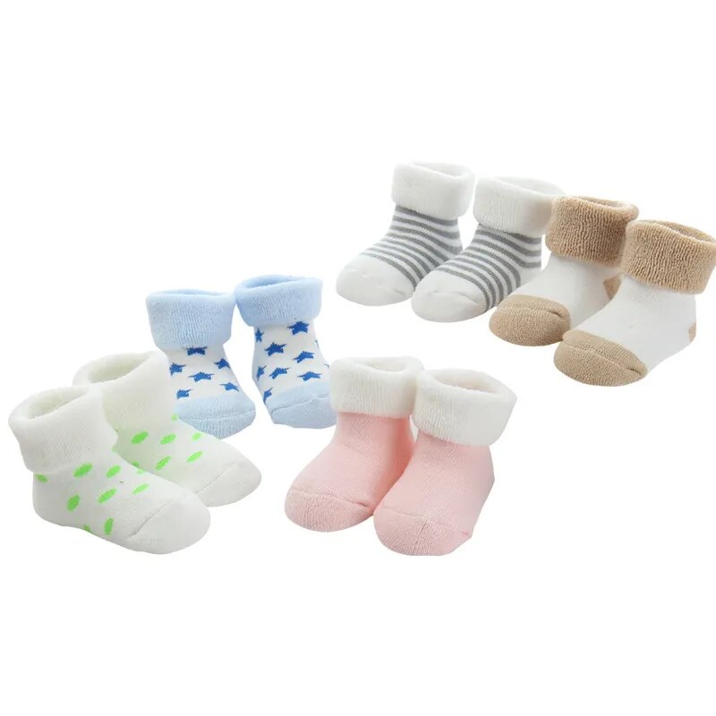 Newborn Baby Winter Terry Socks - 5 Pairs for Boys and Girls, Ages 0 to 24M