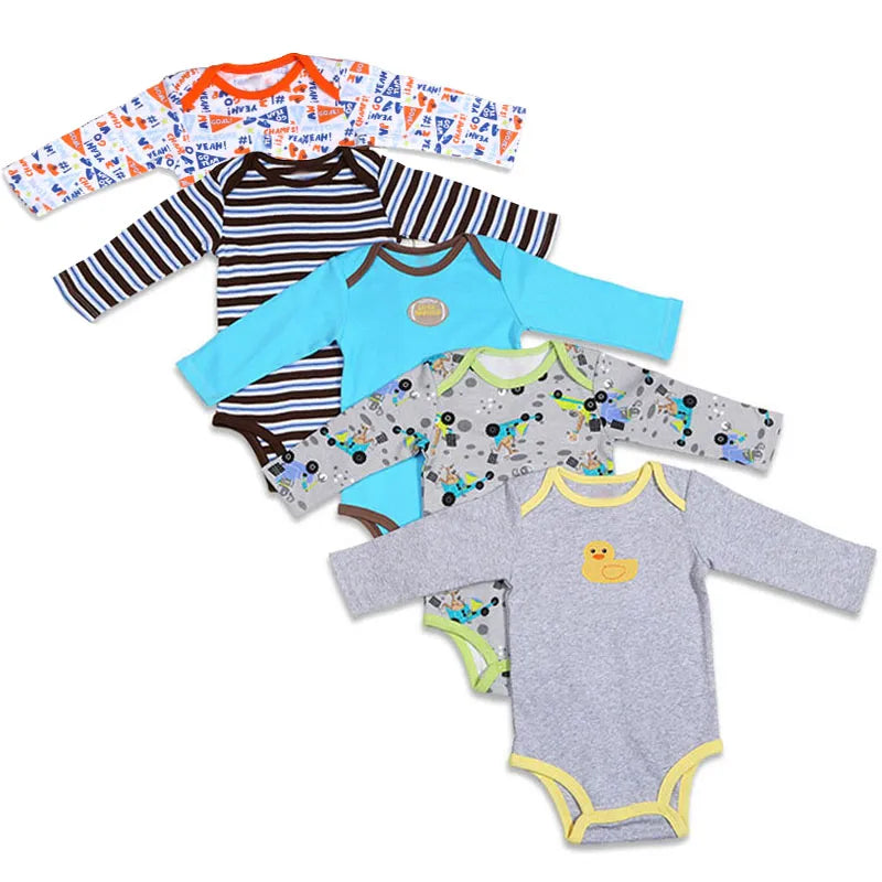 Winggle-In Cotton Infant Bodysuits - Long Sleeve, 5 Piece Pack for Babies 3 Months to 2 Years