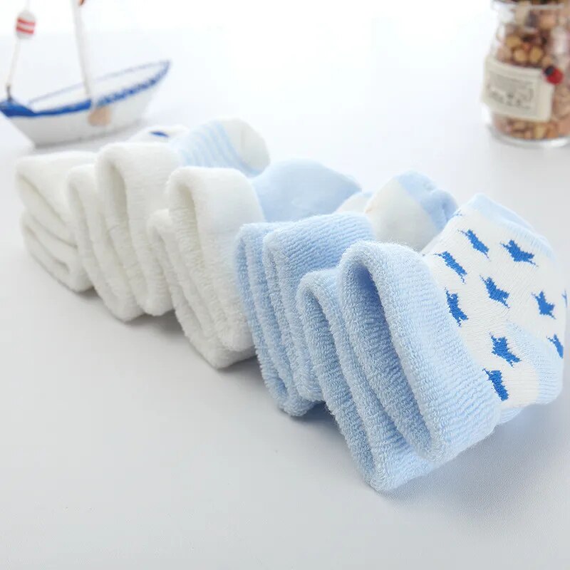 Newborn Baby Winter Terry Socks - 5 Pairs for Boys and Girls, Ages 0 to 24M