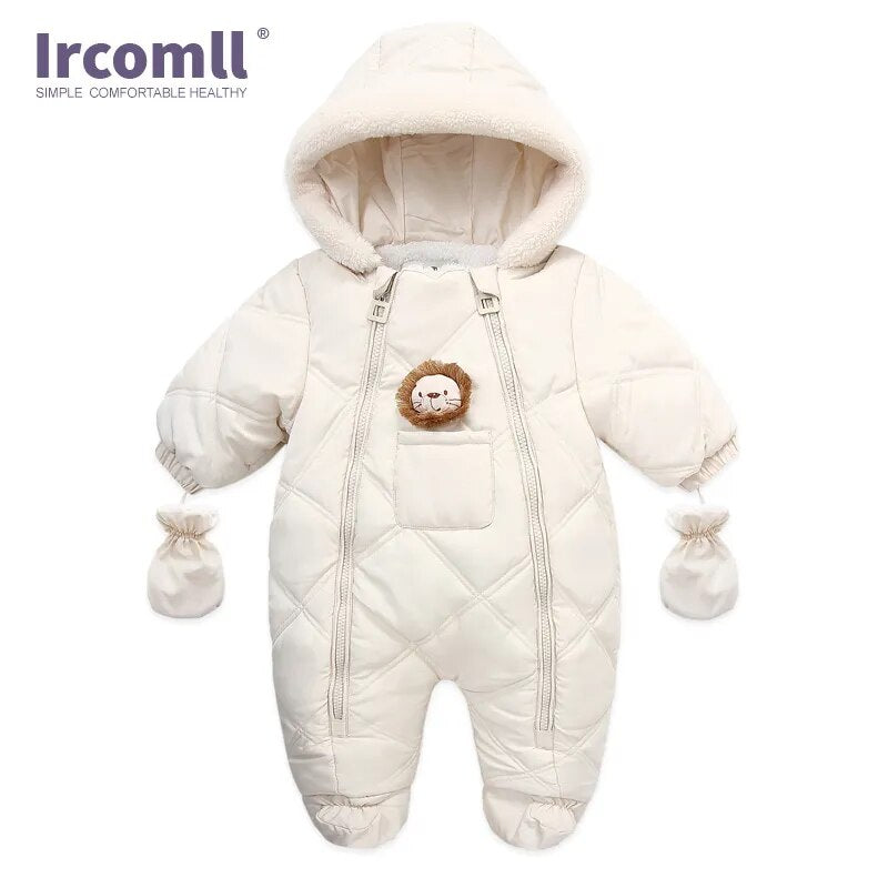 Premium Snowsuit for Newborn Babies: Fleece Hooded Romper with Cute Cartoon Lion Design for Cozy Winter Outings