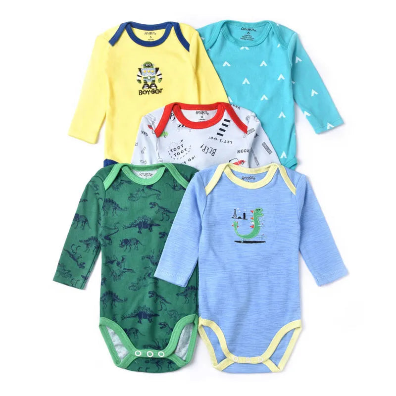 Winggle-In Cotton Infant Bodysuits - Long Sleeve, 5 Piece Pack for Babies 3 Months to 2 Years