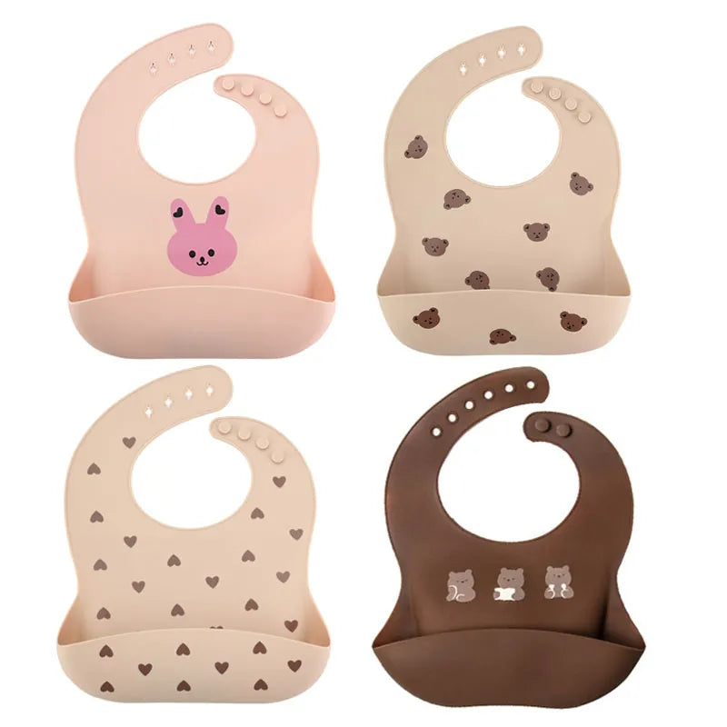 Cute Cartoon Printed Silicone Bibs - Adjustable, Soft, and Mess-Free Mealtime for Babies and Toddlers - Waterproof