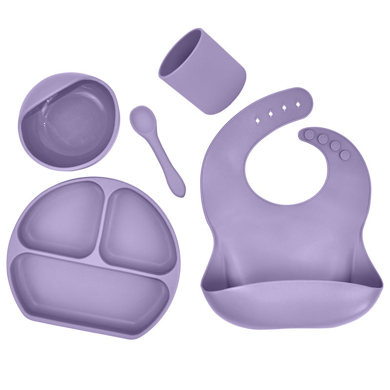 Kids' Silicone Suction Bowl Bib Set - Dinner Plate, Water Cup, Food Bowl, Spoon, Saliva Pocket - Tableware for Babies